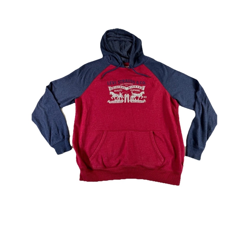 Levi Strauss & Co. Hoodie Mens Large Red Blue Fleece Lined Long Sleeve Pullover‎